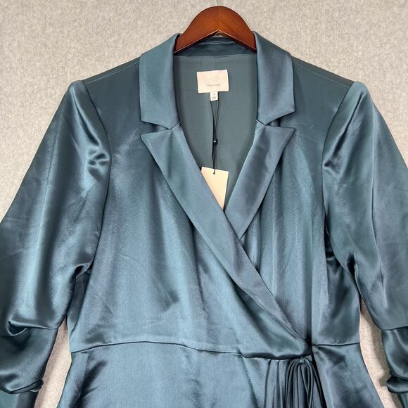 Cinq à Sept Teal Sabina Satin Wrap Mini Dress Size 12 - Picture 3 of 11